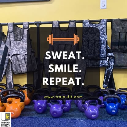 UFIT kettlebell graphic reading: Sweat. Smile. Repeat.