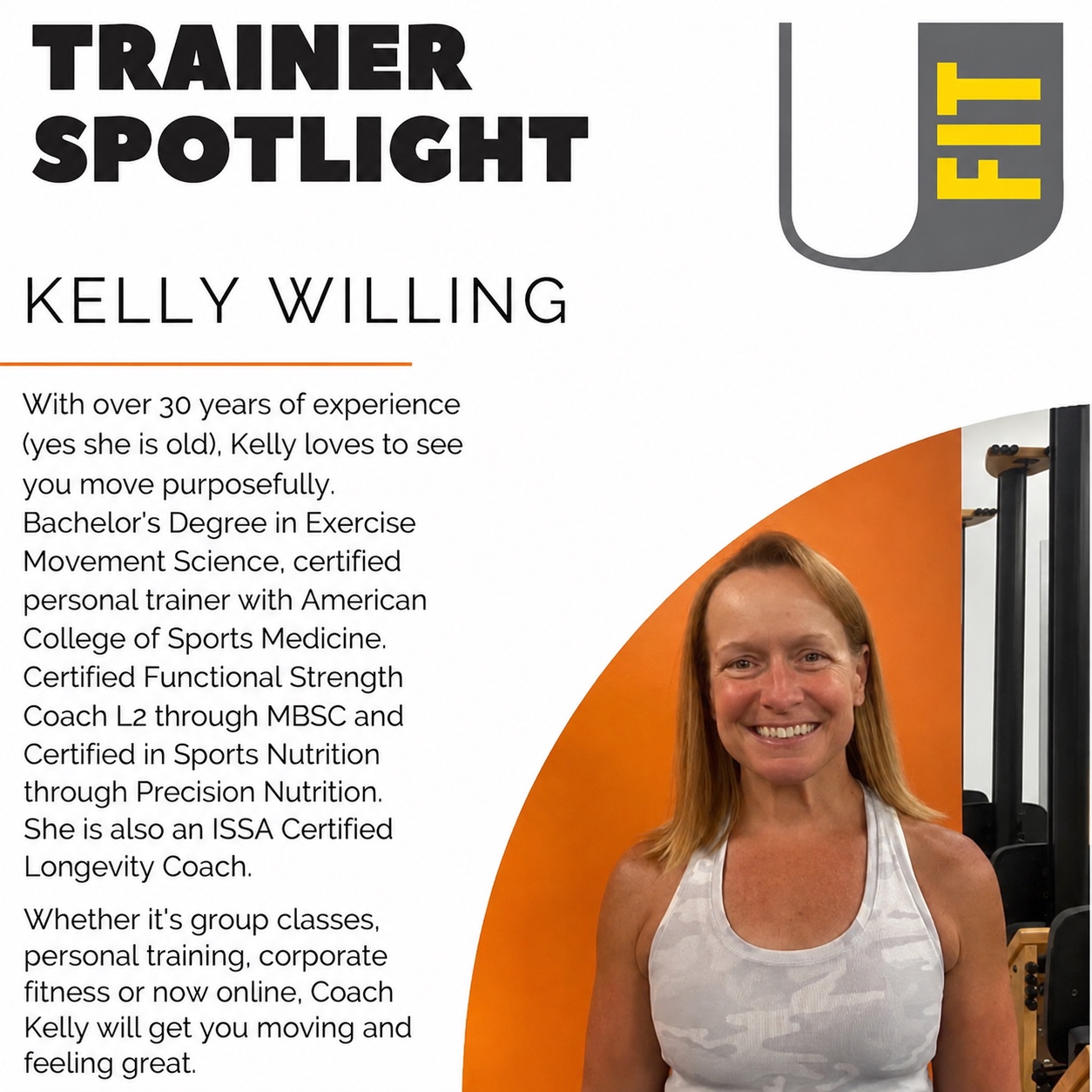 Trainer profile for Kelly Willing, a personal trainer with more than 30 years of experience and an ISSA Certified Longevity Coach