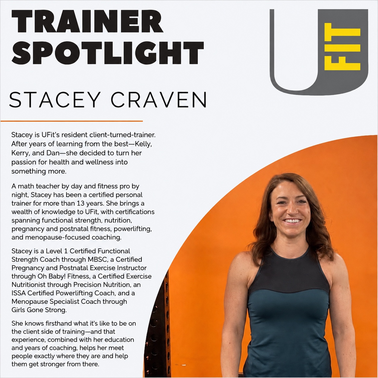 Trainer spotlight for Stacey Craven, a certified personal trainer and functional strength, nutrition, pregnancy and postnatal fitness, powerlifting, and menopause-focused coach